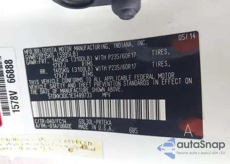 2014 Toyota Sienna Le V6 8 Passenger z USA, uszkodzony, nr VIN 5TDKK3DC1ES489733